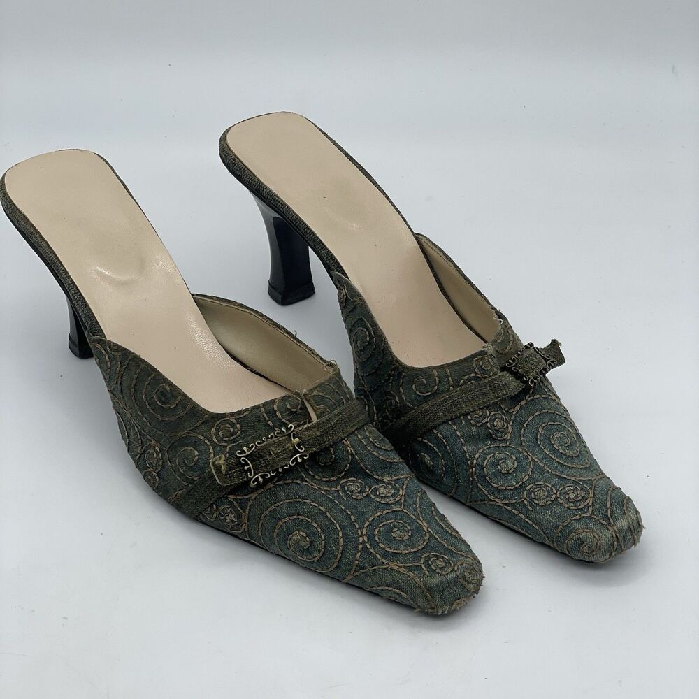 Slip On Mid Wash Denim Stitched 3in Heels Women’s 8 Blue Gold Buckle Accent Boho - Picture 2 of 16